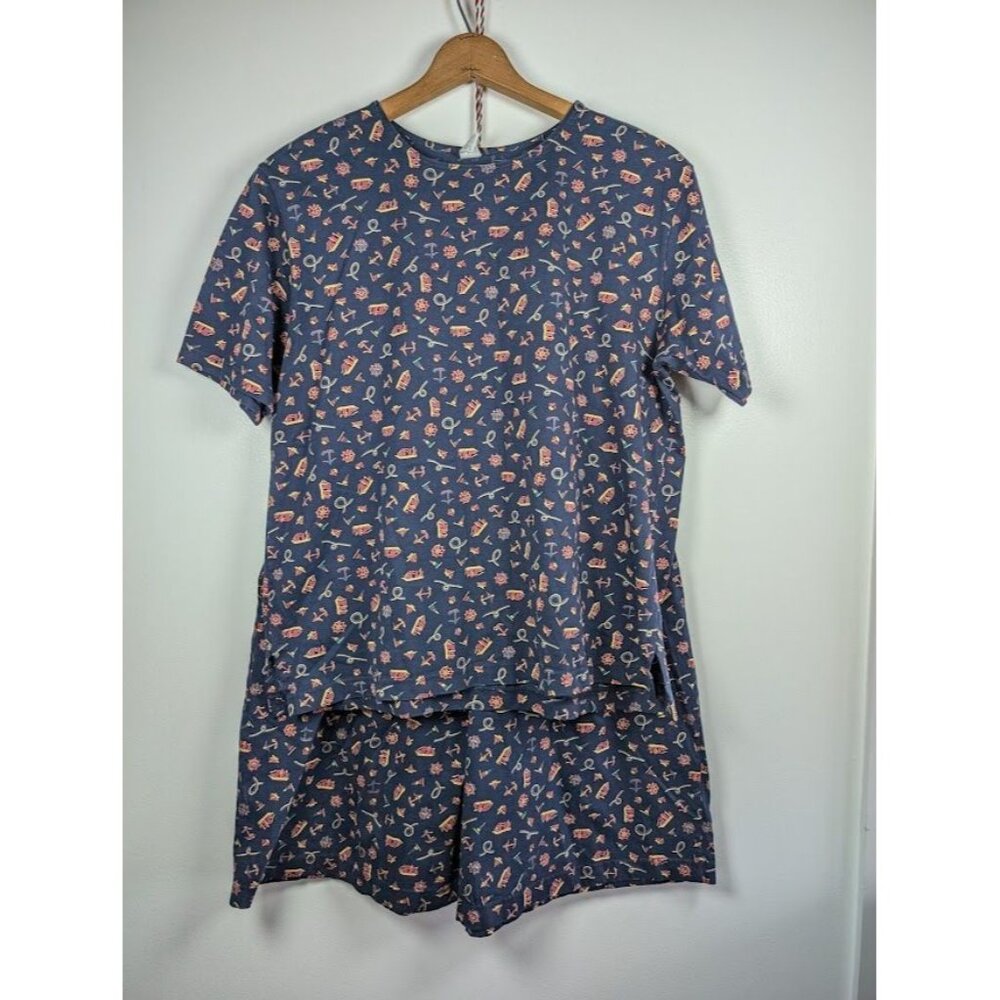 Vintage 80s Lands End Women Shorts Shirt Set Large Summer Made in USA Nautical